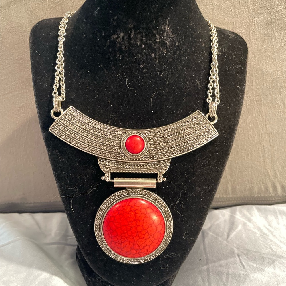 Silver-Tone Statement Necklace with Red Cabochon Accents